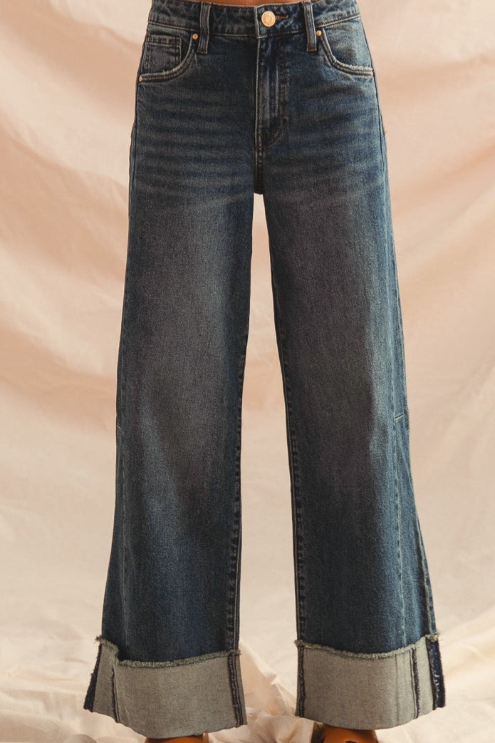 washed denim wide cuffed jean