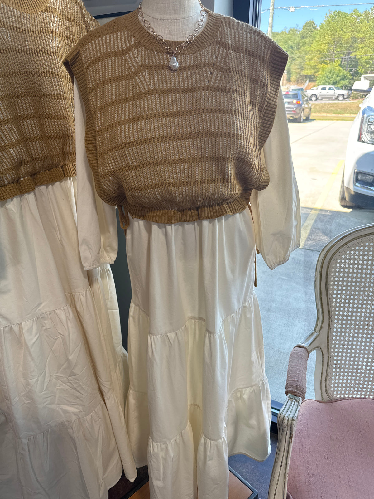 Vest attached Long sleeve midi dress
