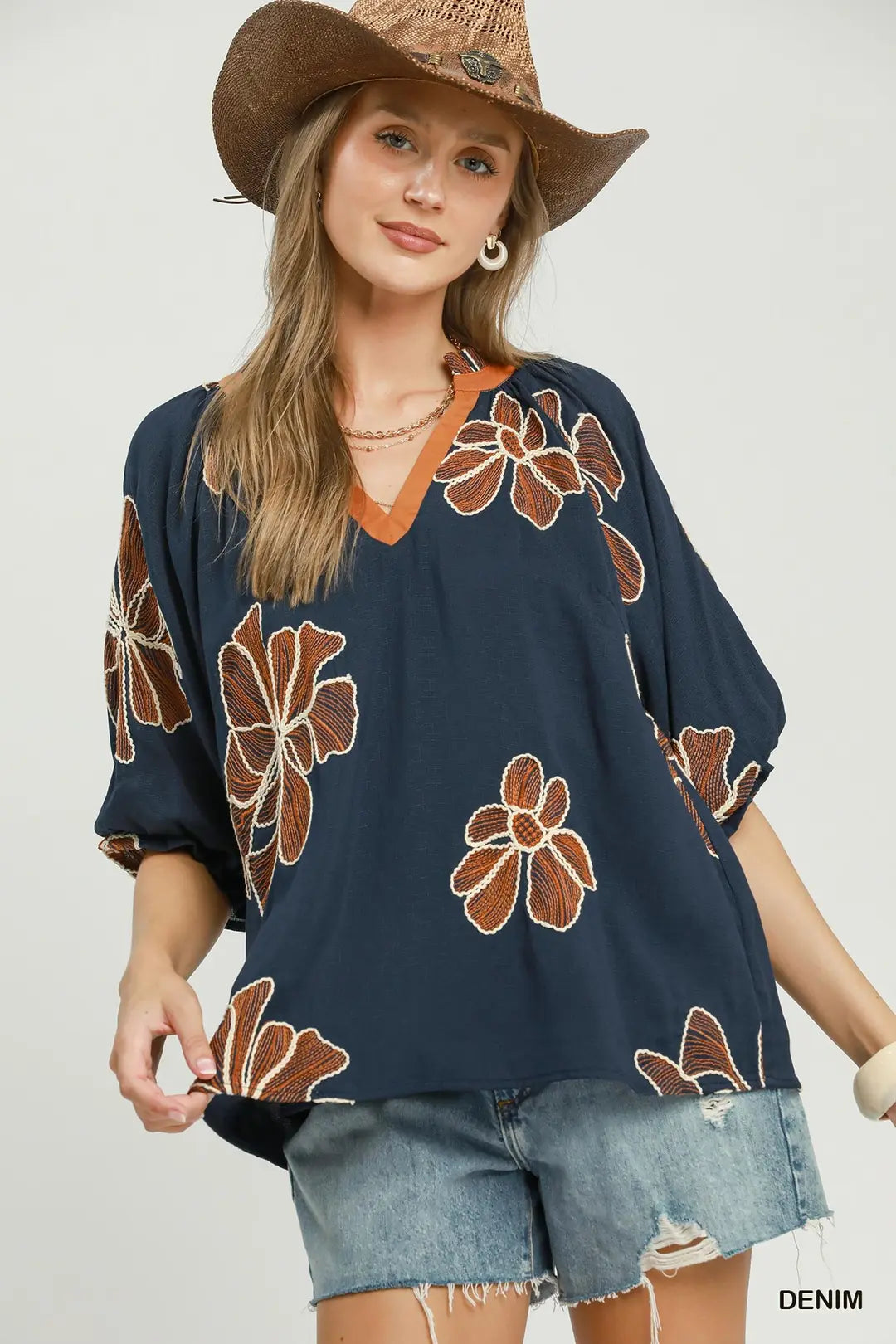 Floral Embroidered V-Neck Relaxed Top