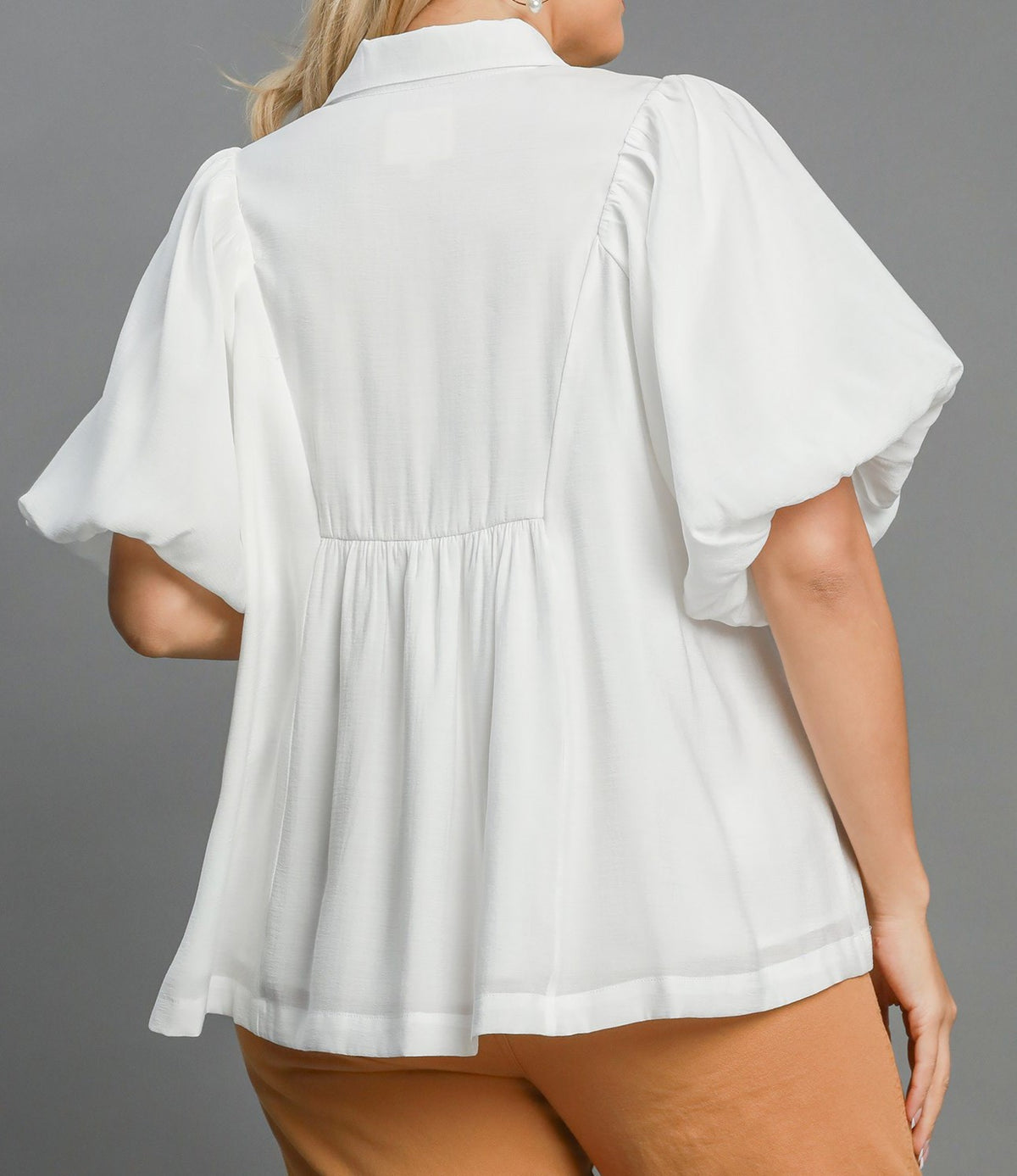 Exaggerated Bubble Sleeve Top with Front Yoke and Smocking Details