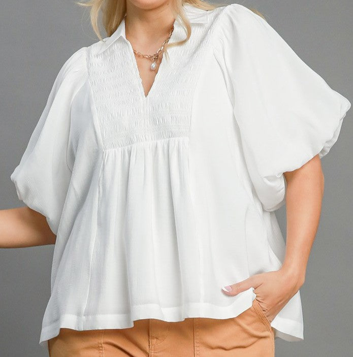 Exaggerated Bubble Sleeve Top with Front Yoke and Smocking Details
