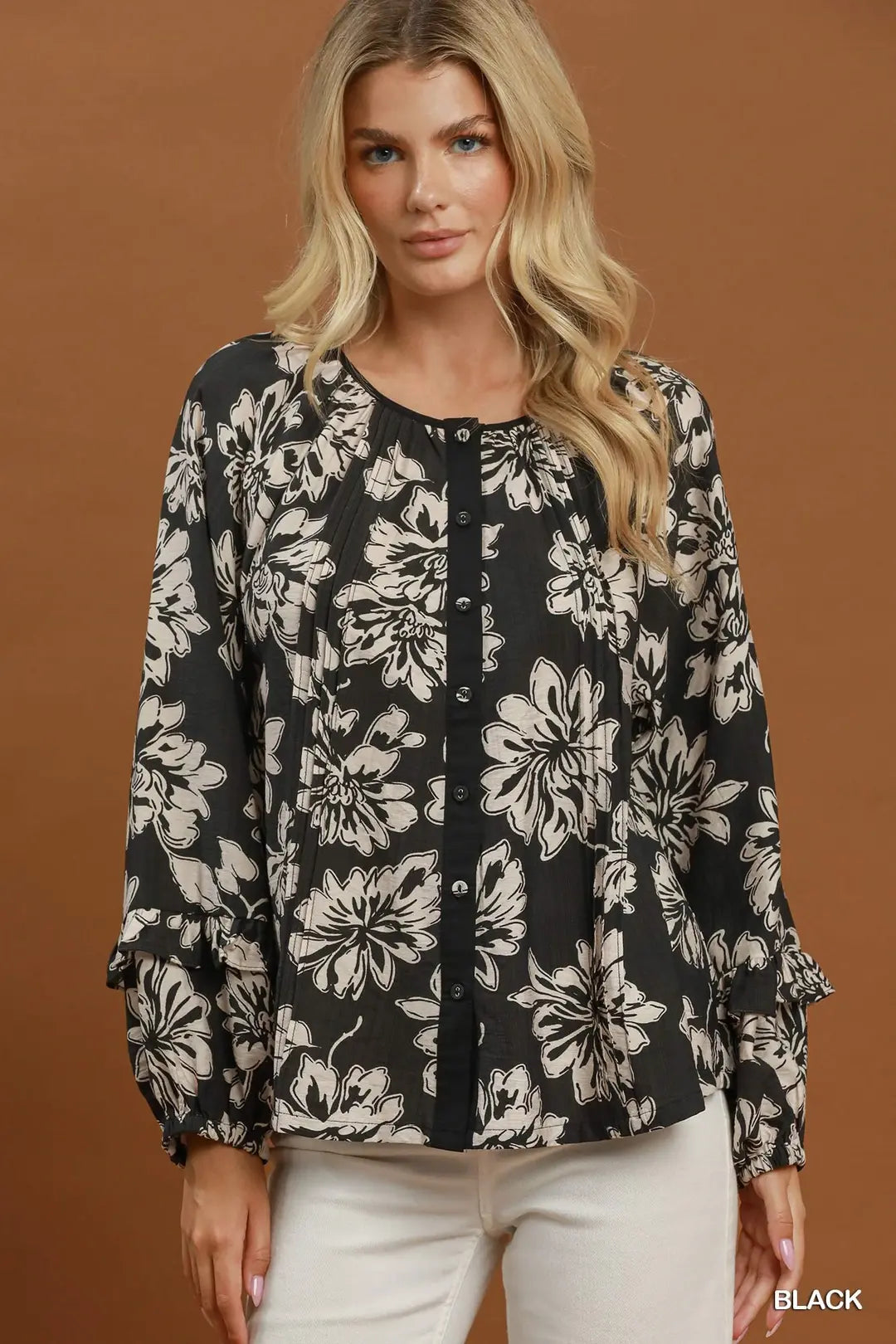 Floral Print Ruffle Sleeve Button-Down Blouse