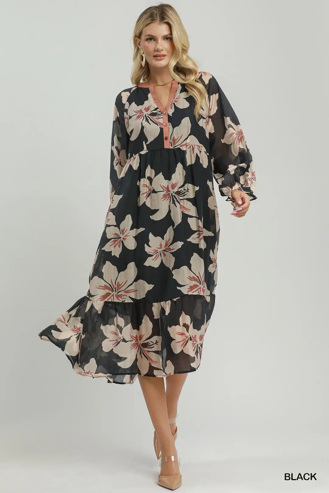 Floral Print Button Front Tiered Maxi Dress