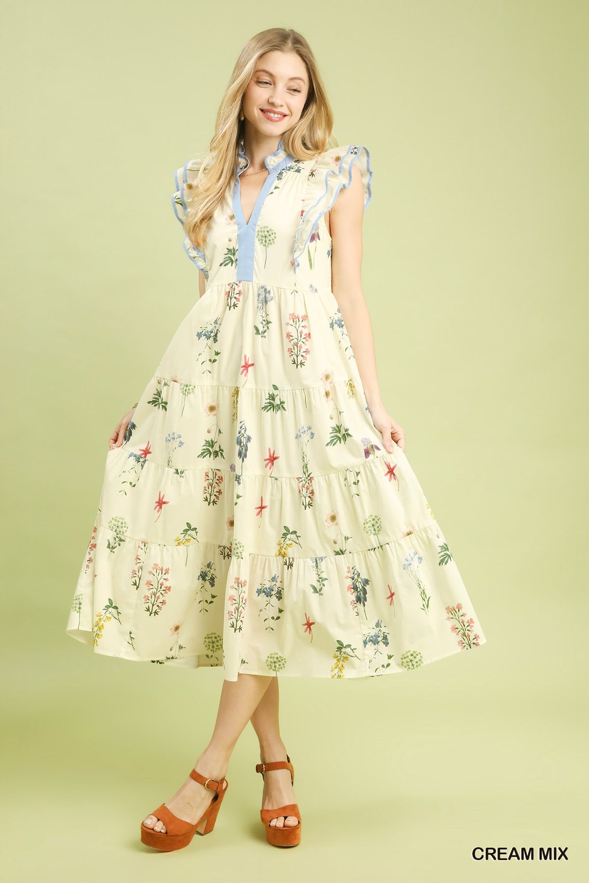 Mix Floral Tiered Ruffle Midi Dress