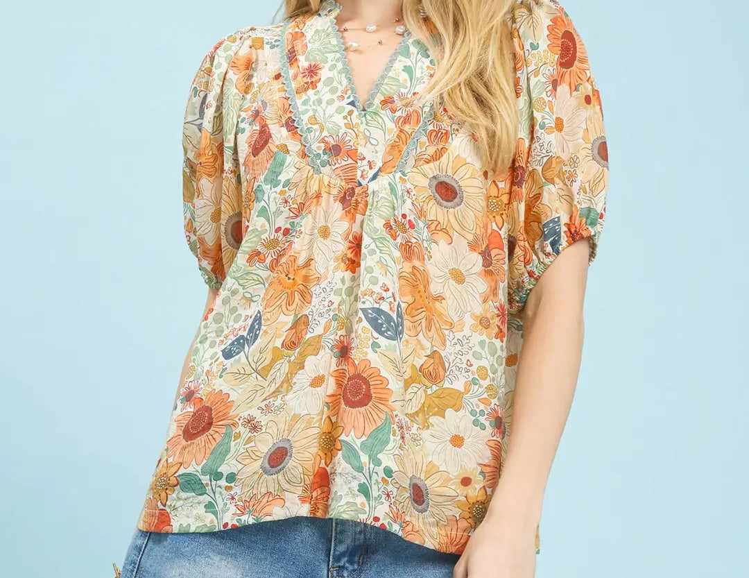 Mix Floral Puff Sleeve Split-Neck Blouse