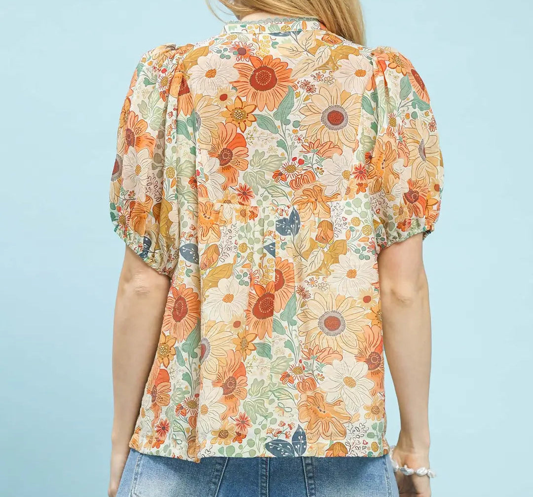 Mix Floral Puff Sleeve Split-Neck Blouse