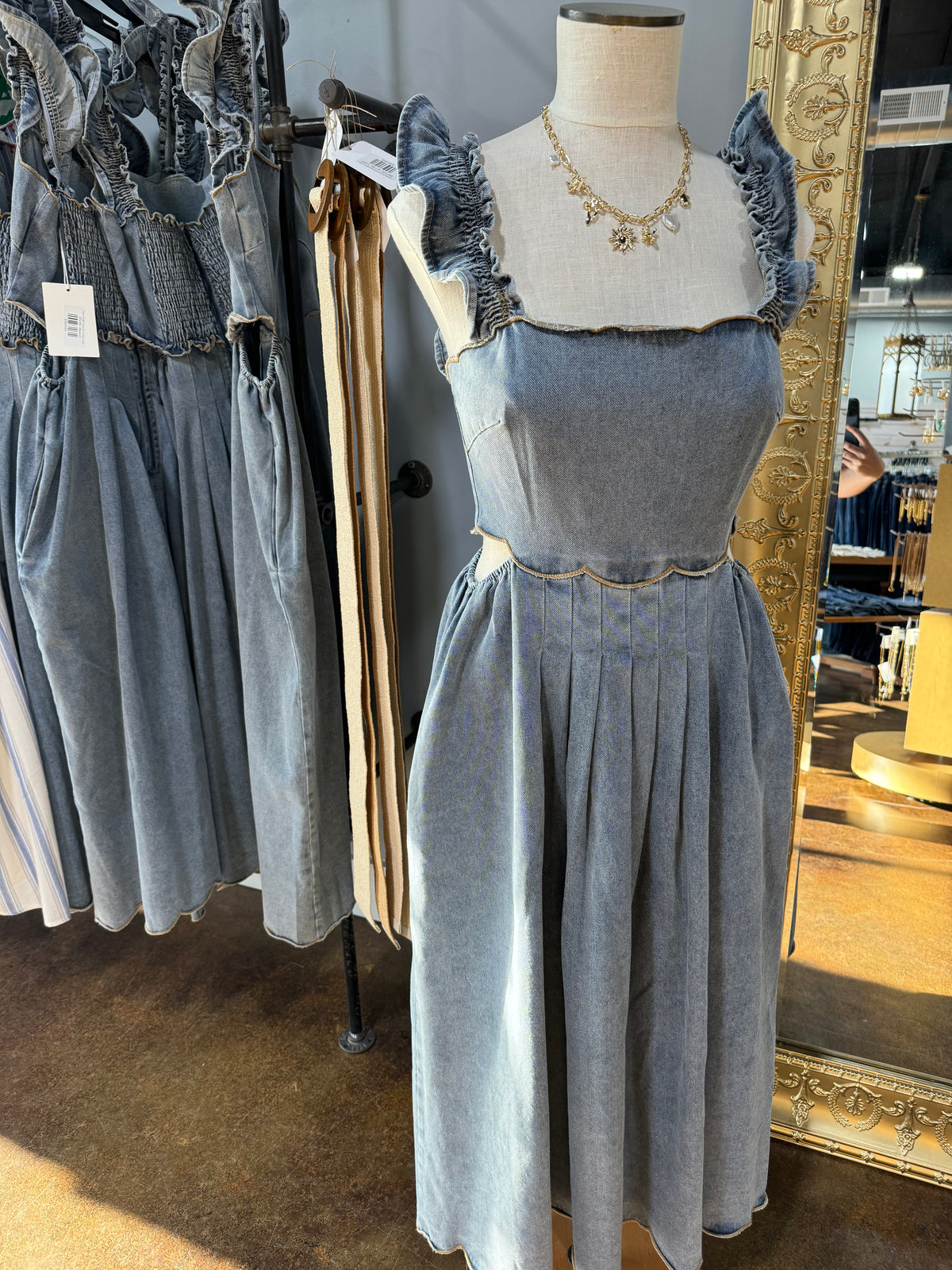 Denim Ruffle Dress with Scallop Detail