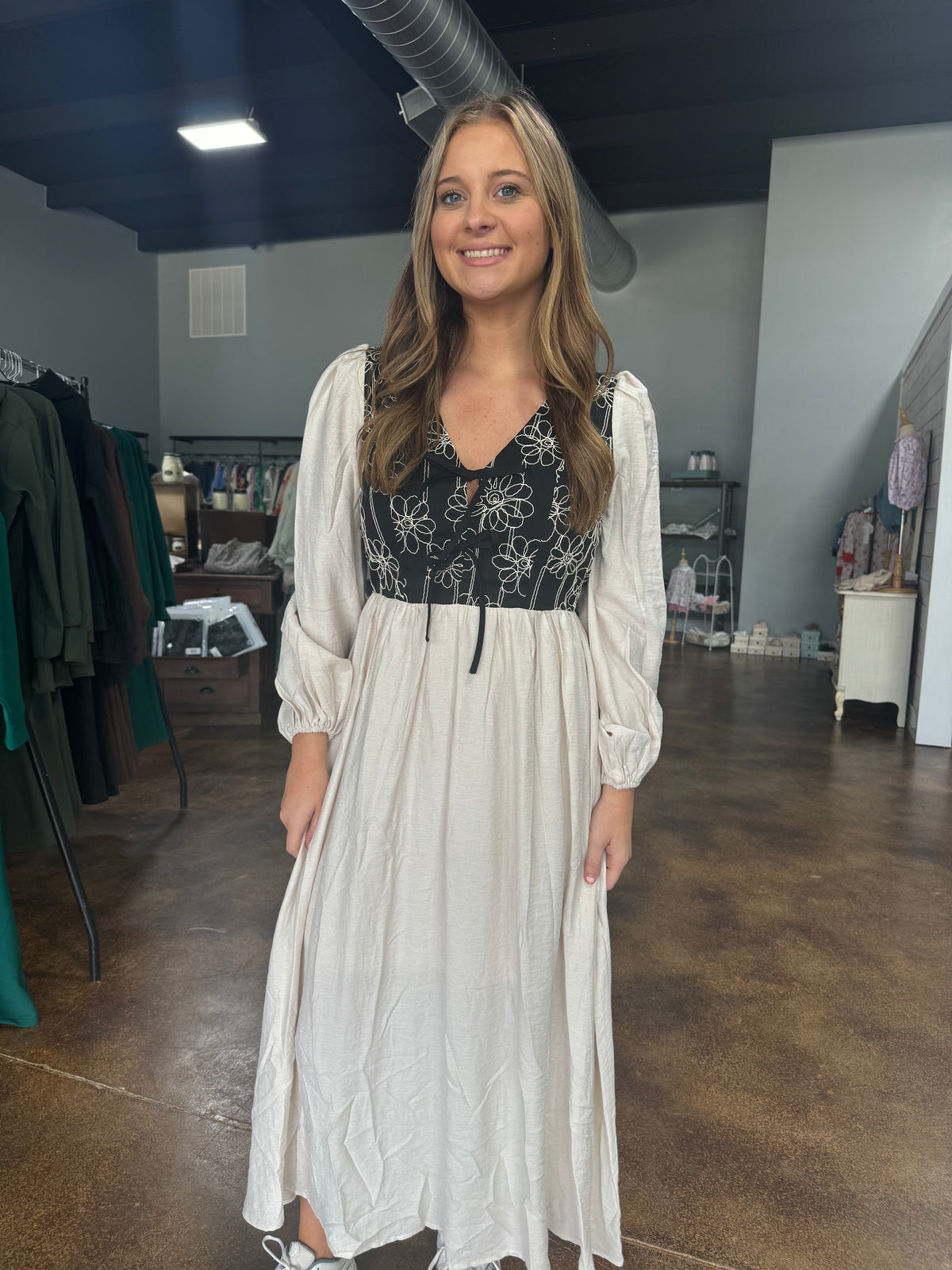 Floral Contrast Front Tie LS Dress