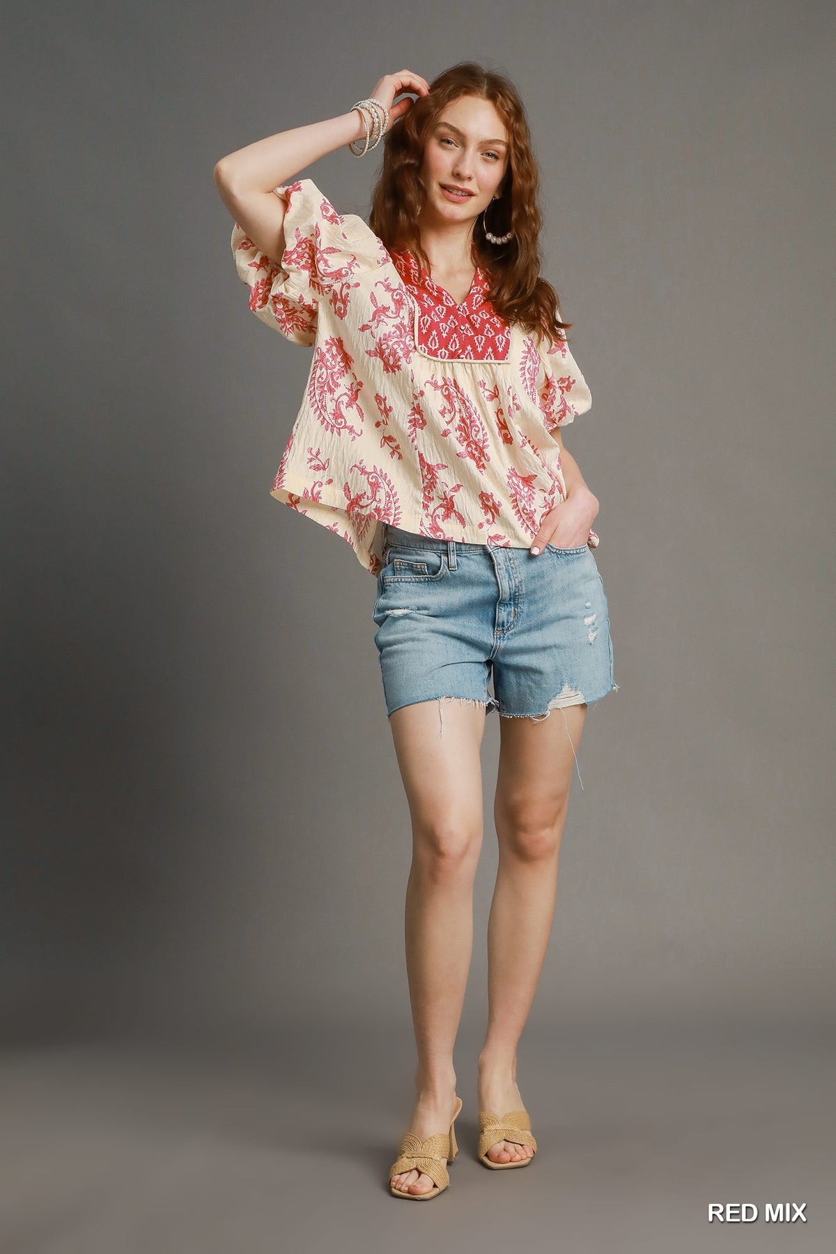 Boho Print Puff Sleeve Blouse K0007