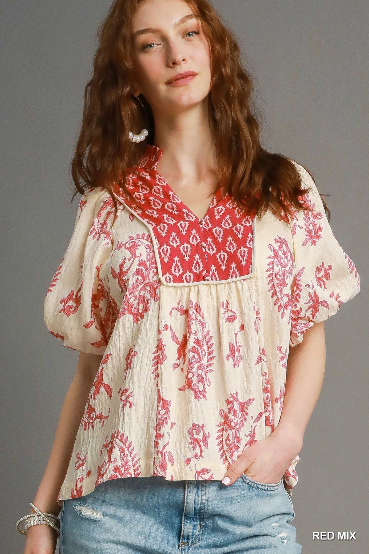 Boho Print Puff Sleeve Blouse K0007
