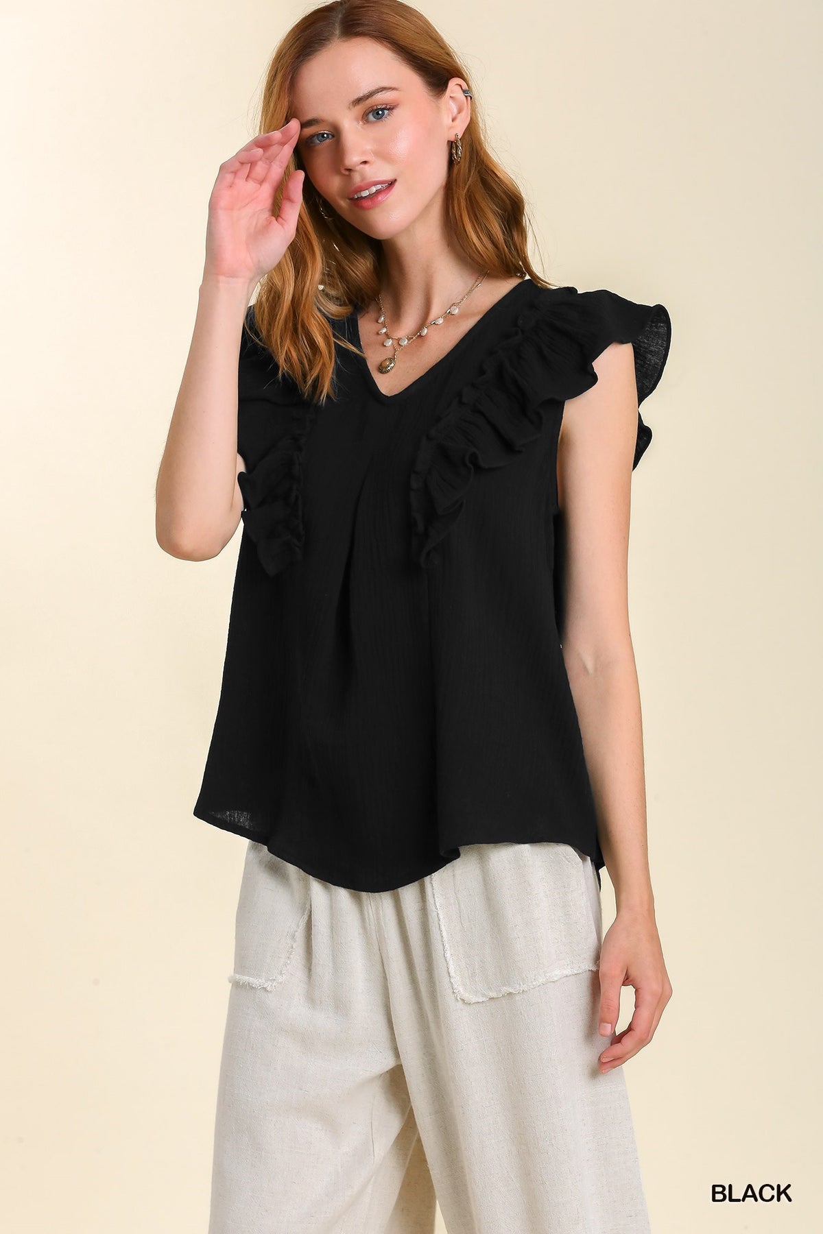 Split Dart Ruffled Shoulder Top with No Lining