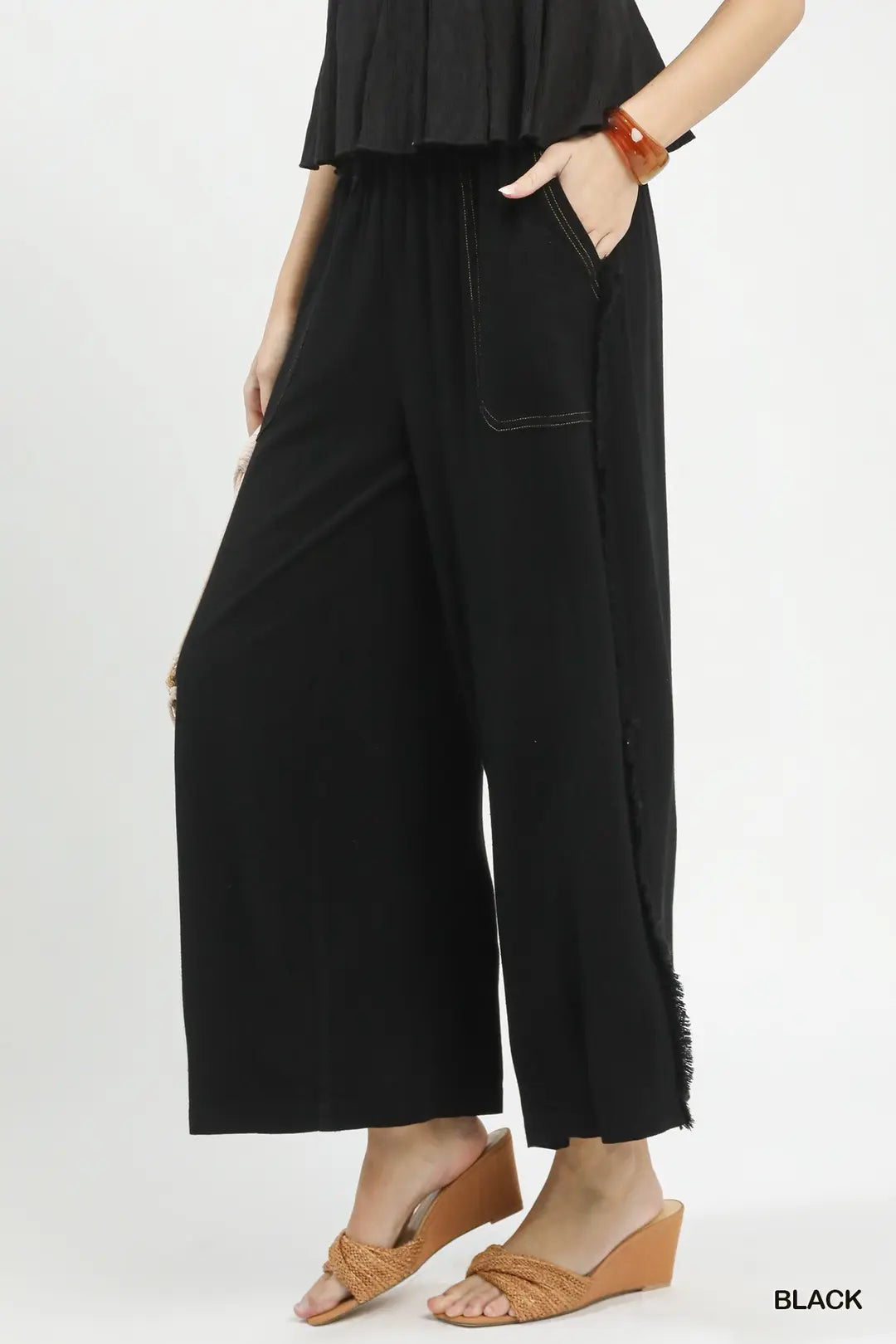 Linen Frayed Side Pocket Wide Leg Pant