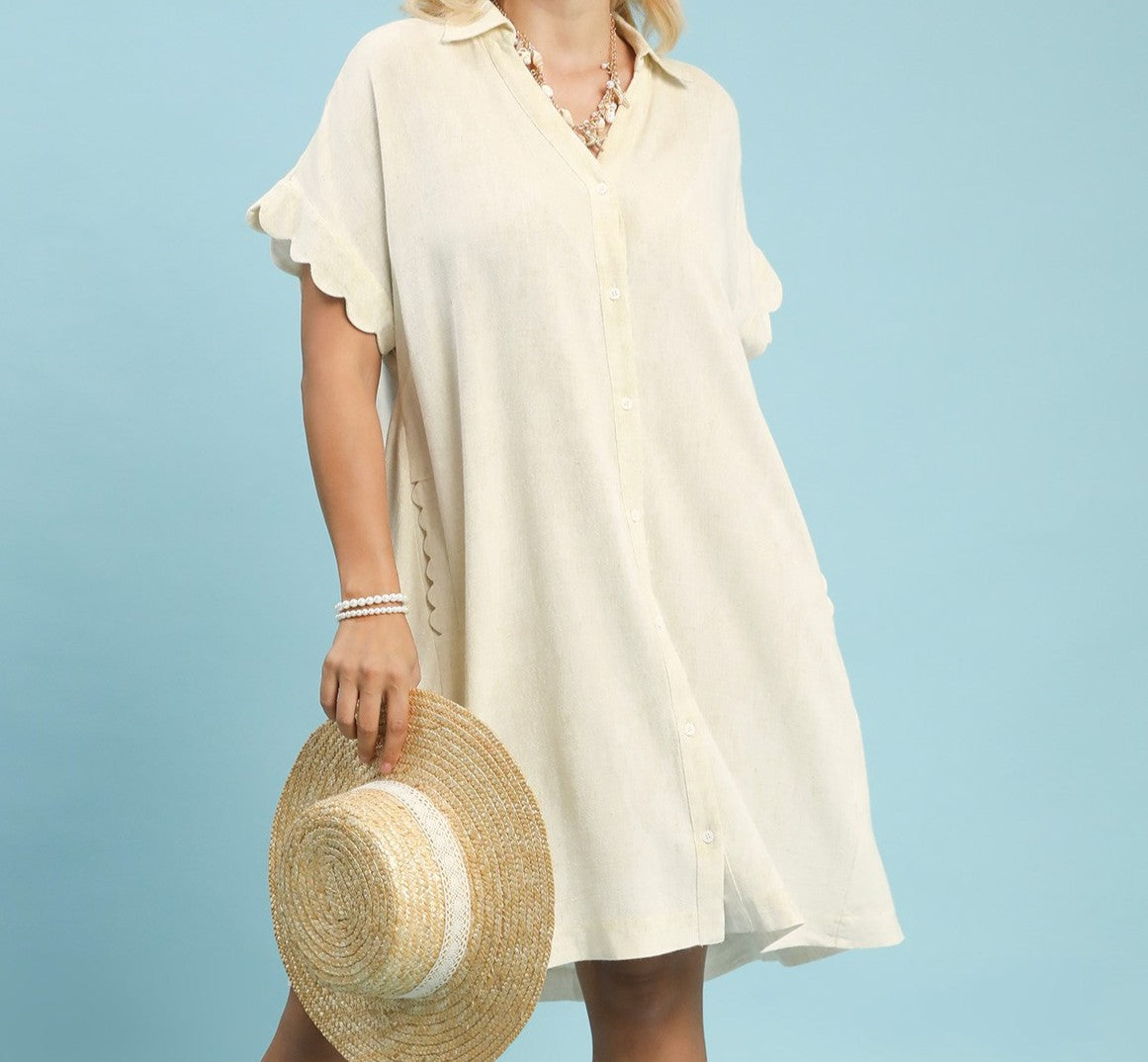 Linen Scallop Sleeve Button-Down Dress