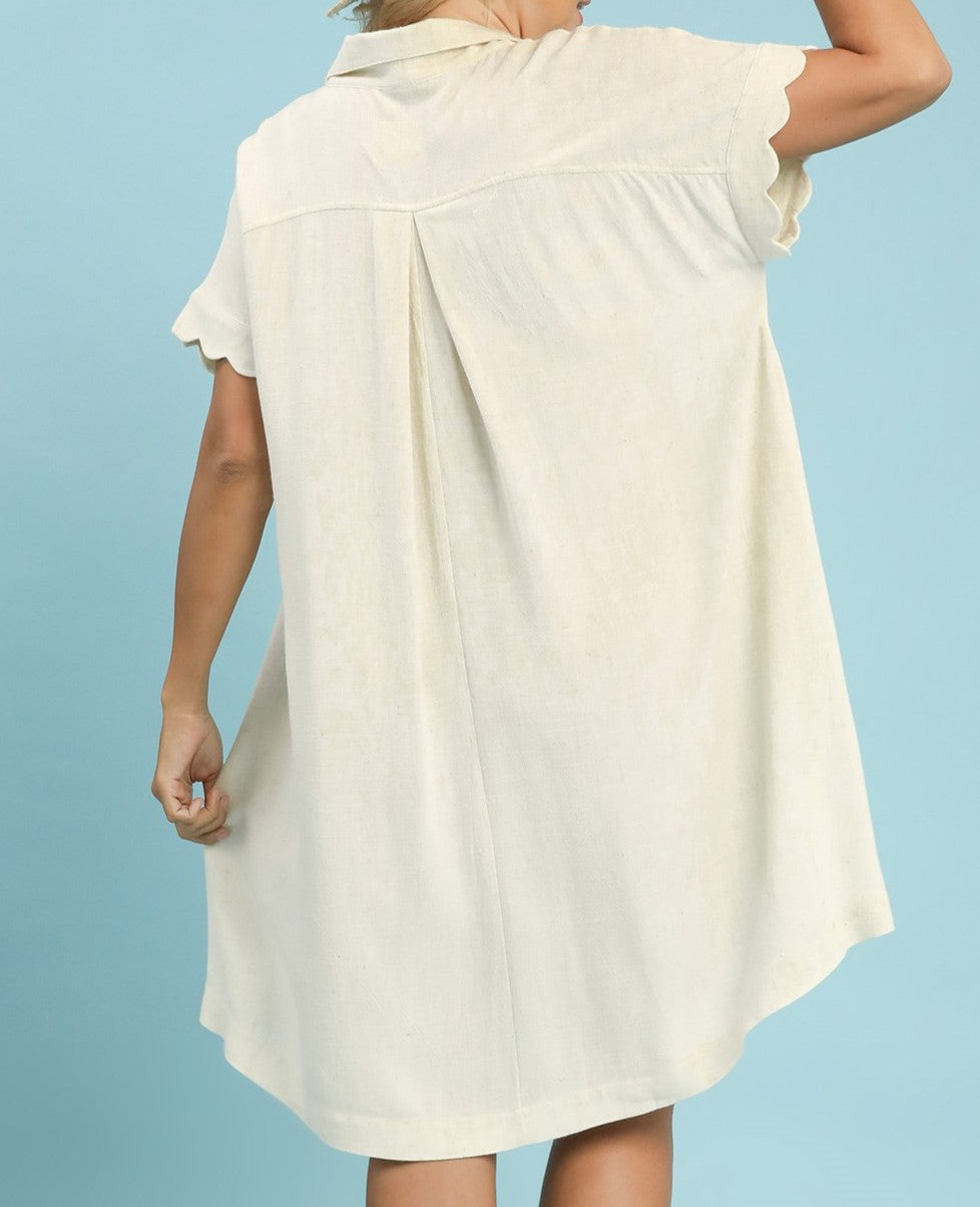 Linen Scallop Sleeve Button-Down Dress