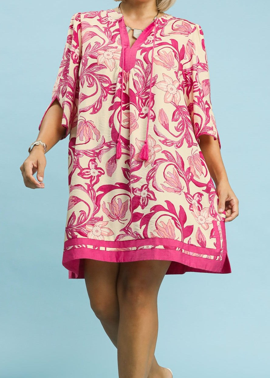 Mix Floral Print Dress w/ Tassel Tie Neck