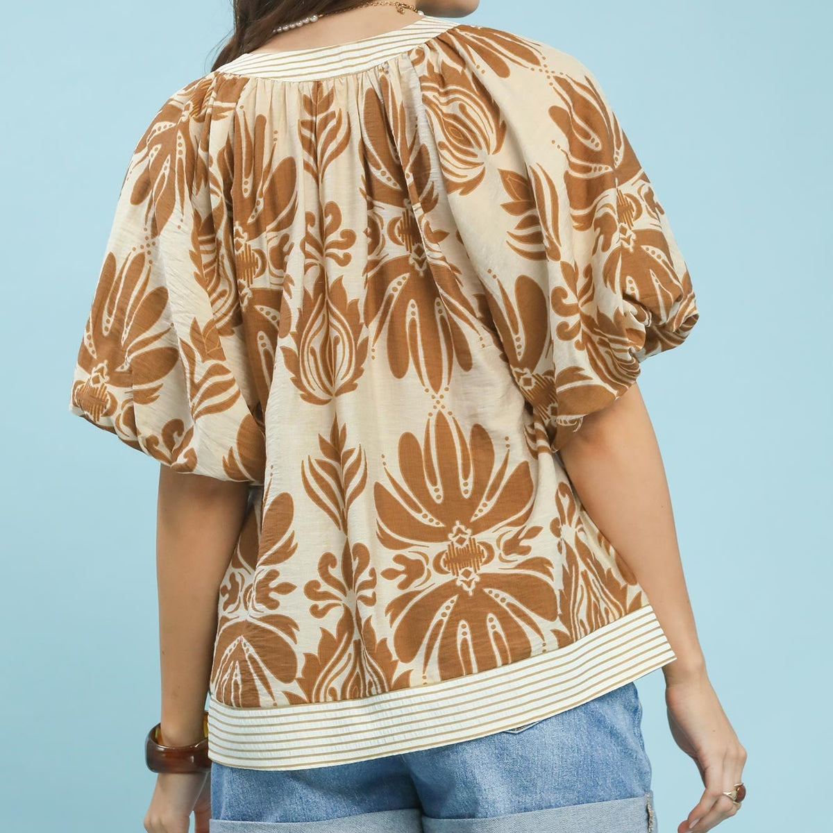 Mix printed Puff Sleeve Top with Contrast Trim
