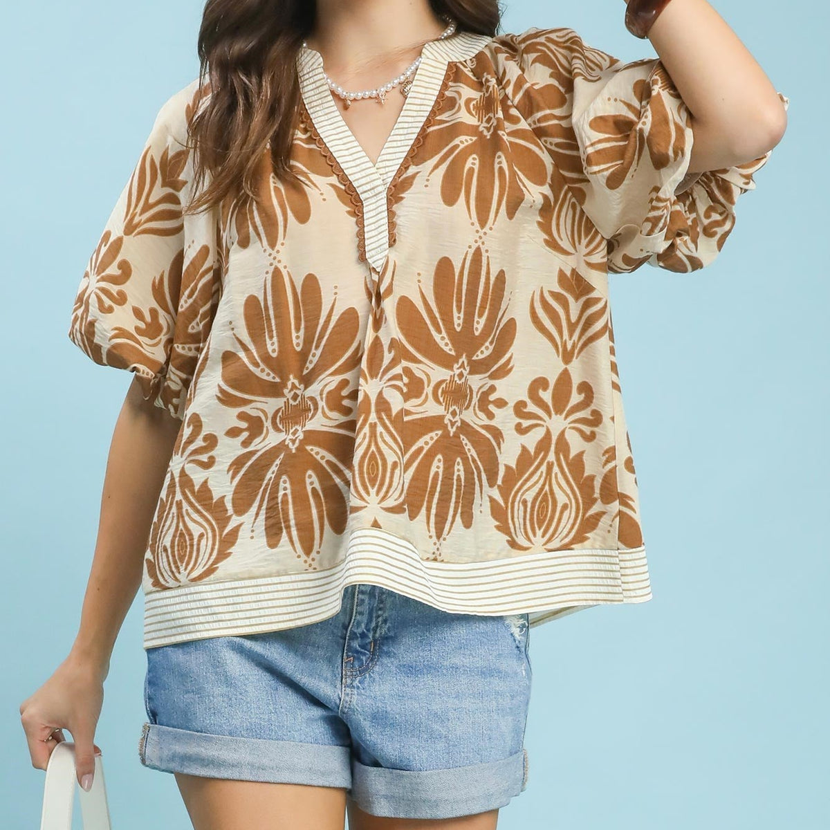 Mix printed Puff Sleeve Top with Contrast Trim