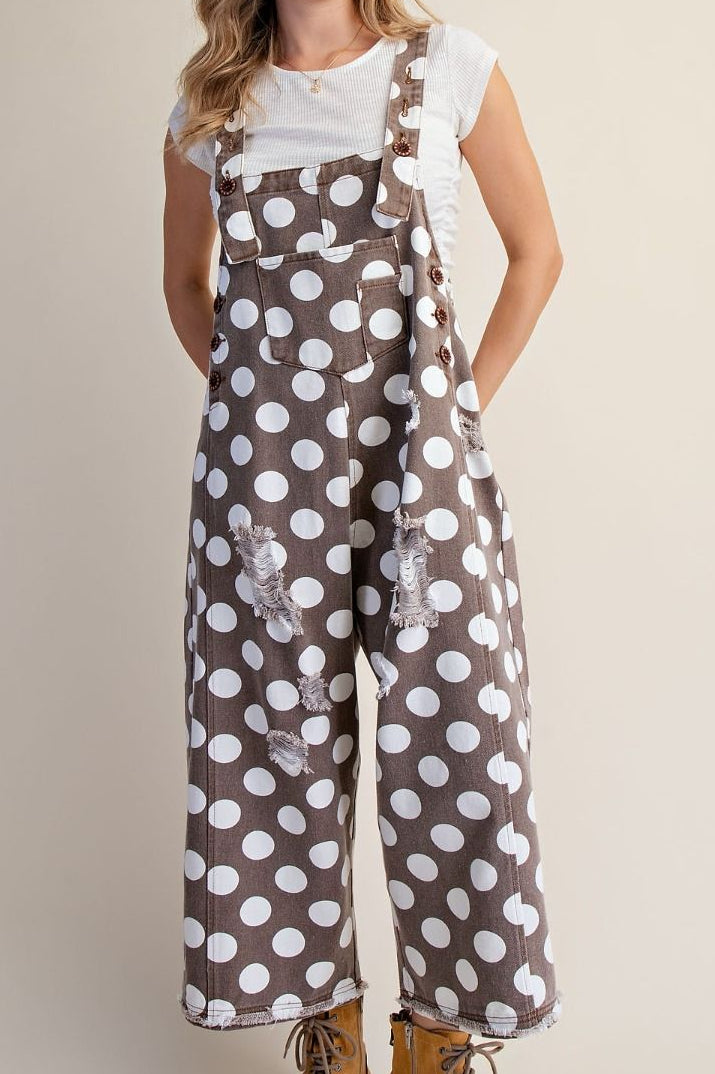POLKA DOTS PRINT ENZYME WASHED TWILL OVERAL