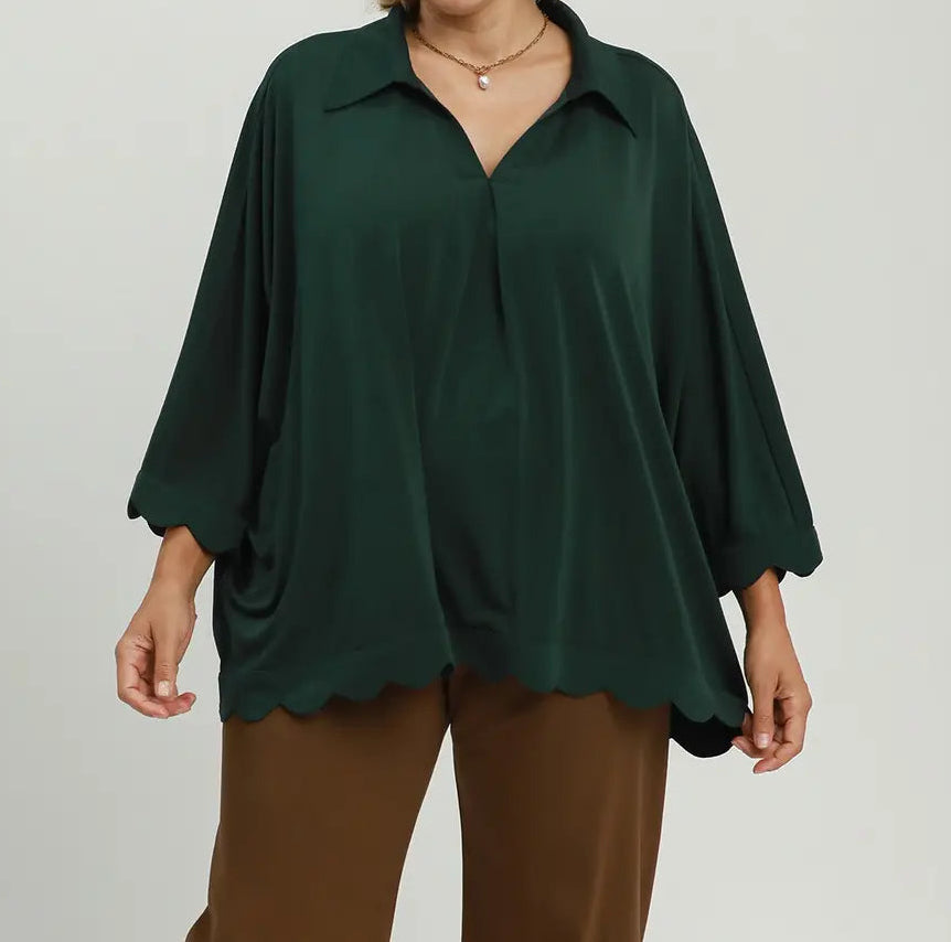 Oversized Collared Top with Scalloped Hem Detail