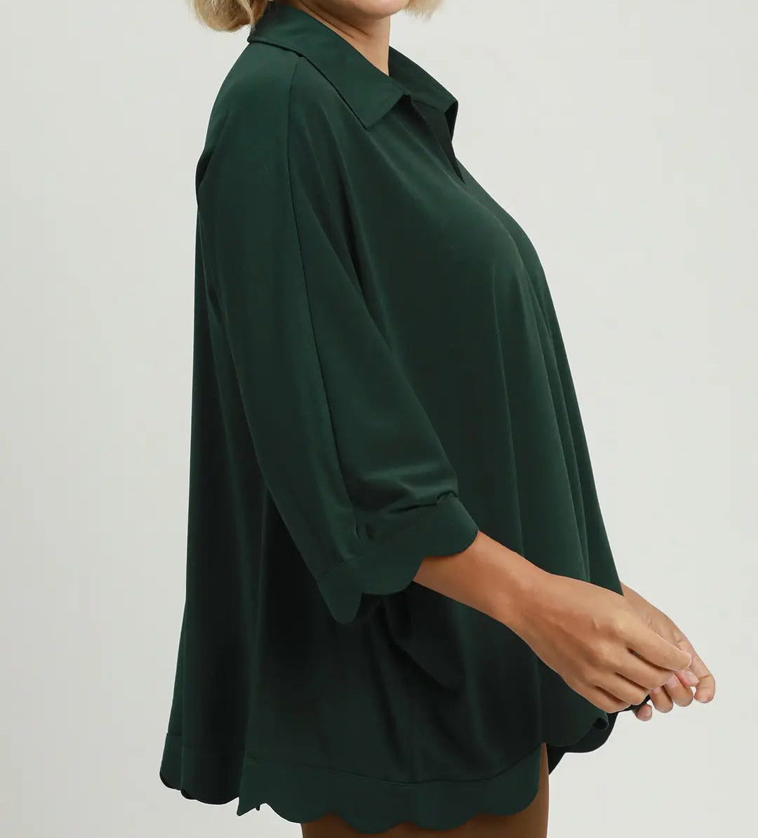 Oversized Collared Top with Scalloped Hem Detail
