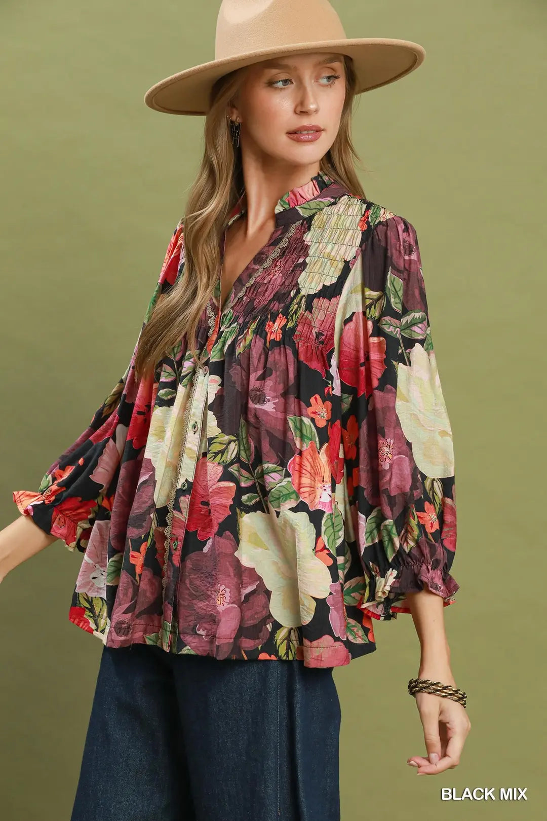 PLUS Mix Floral Print Button Front Blouse