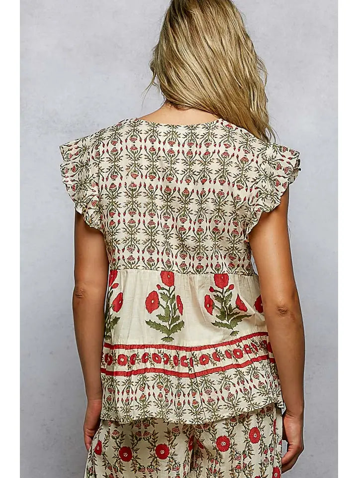 V-Neck Floral Pattern Ruffle Sleeve Top