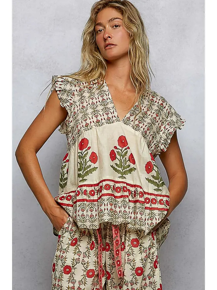 V-Neck Floral Pattern Ruffle Sleeve Top