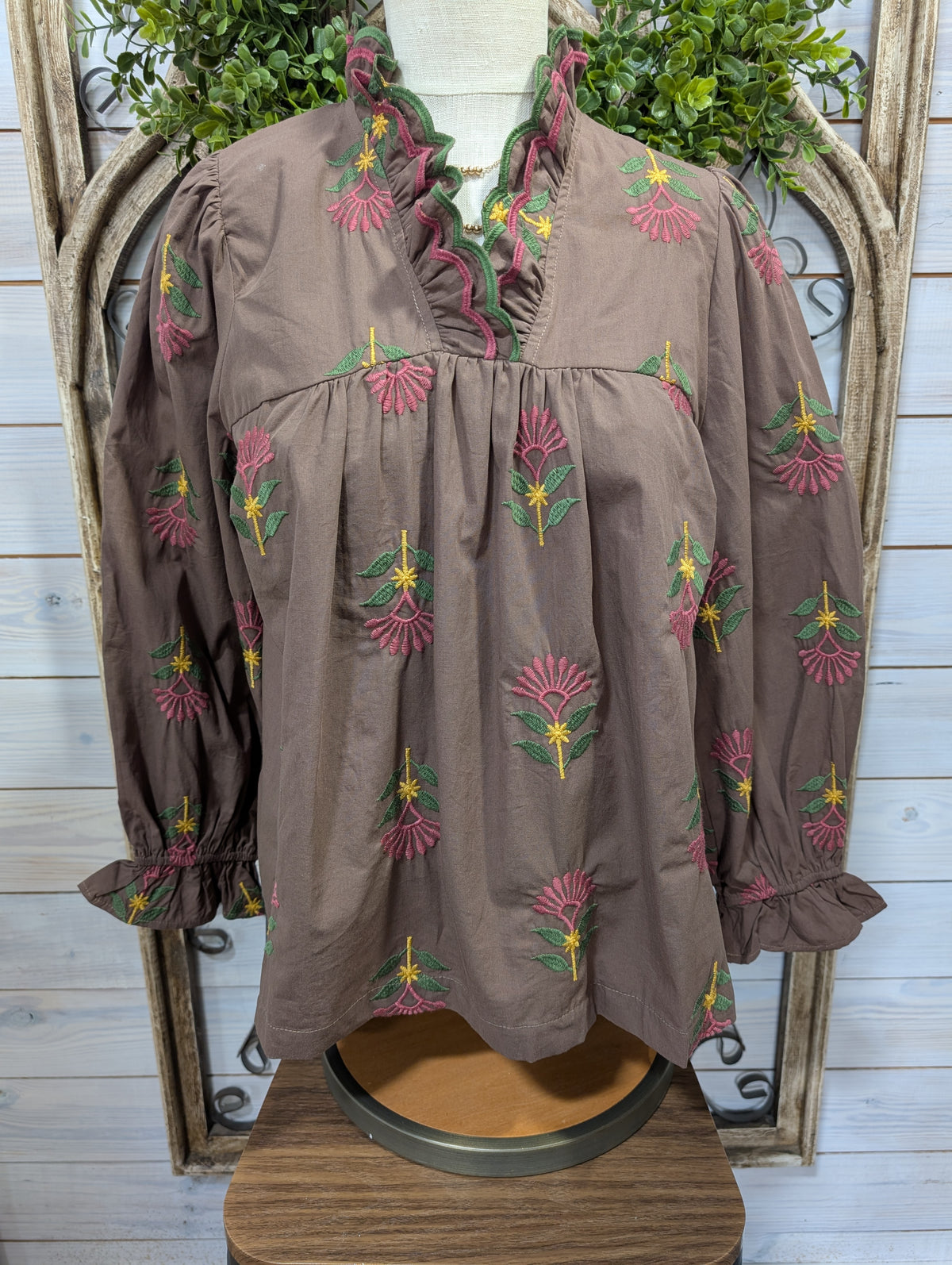 Embroidered Floral Ruffle Neck Blouse