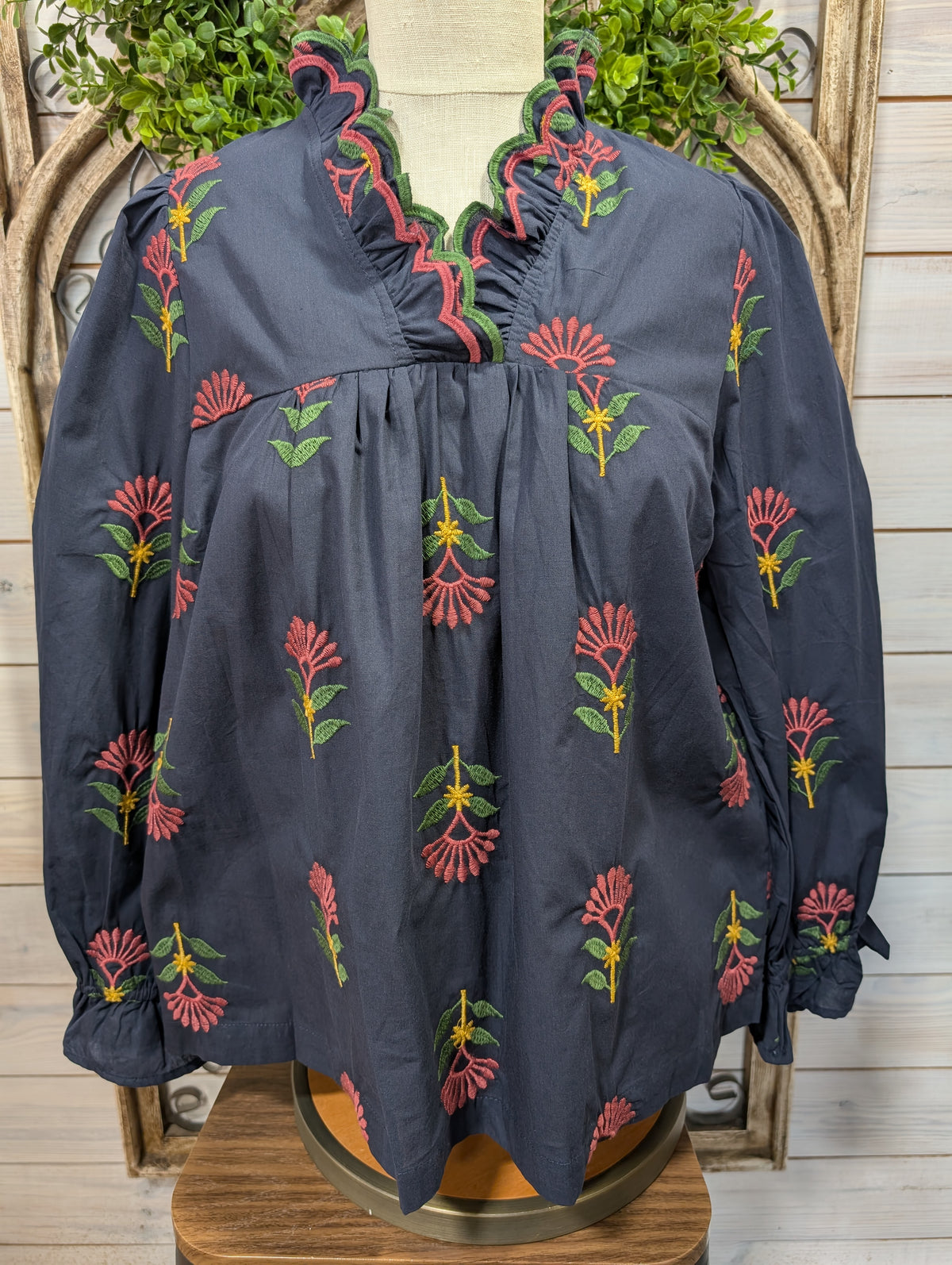 Embroidered Floral Ruffle Neck Blouse