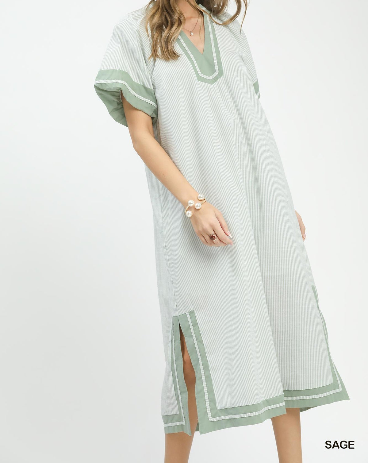 Pinstripe Contrast Trim Midi Dress