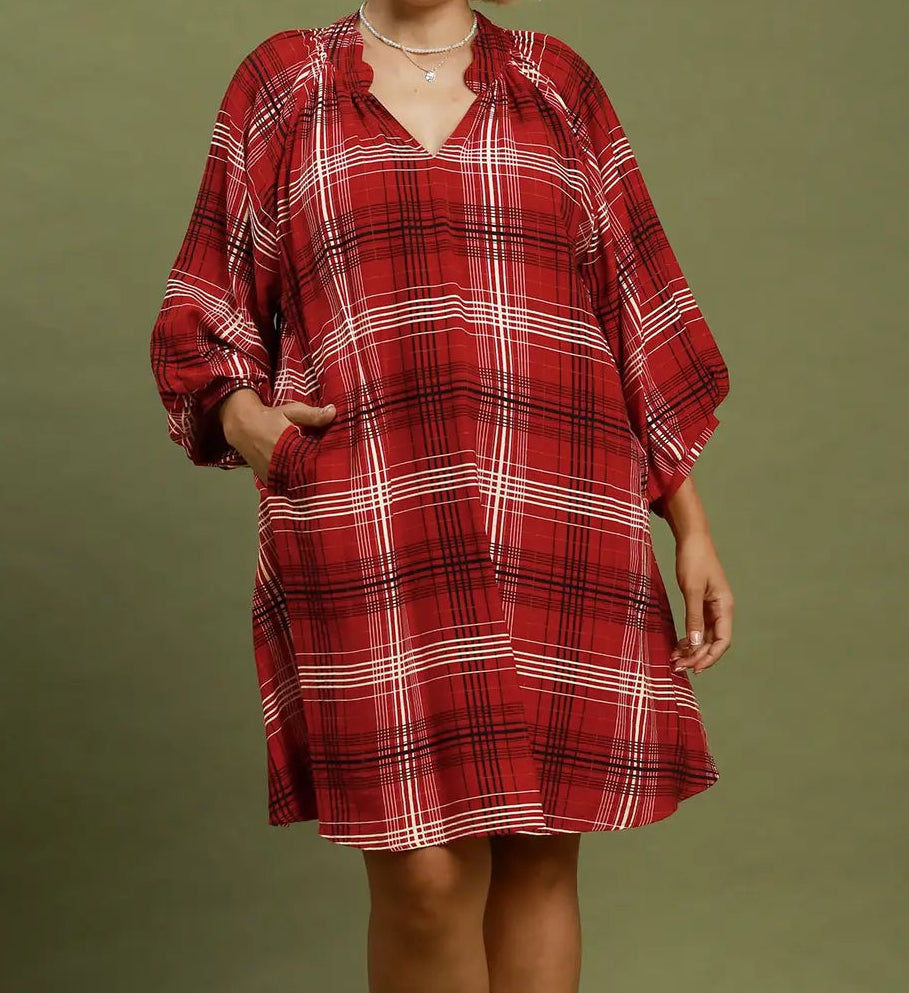 Plaid V-Neck Balloon Sleeve Shift Dress