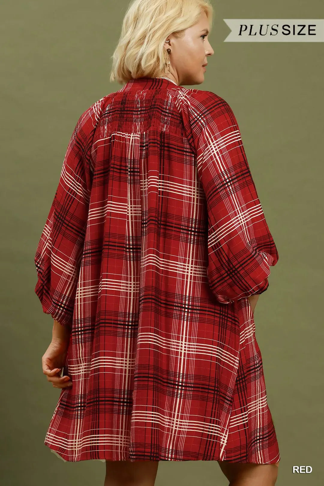 Plaid V-Neck Balloon Sleeve Shift Dress