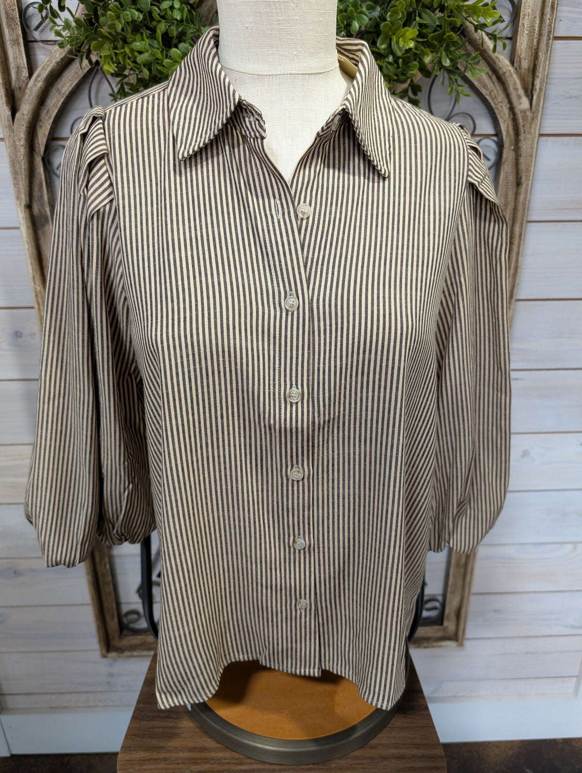 Pleated Shoulder Button Down Stripe Top