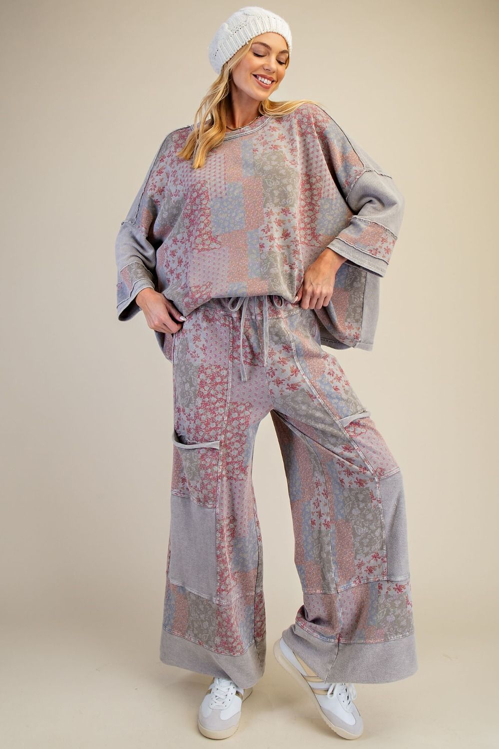 PATCHWORK PRINT MINERAL WASHED TERRY PANTS