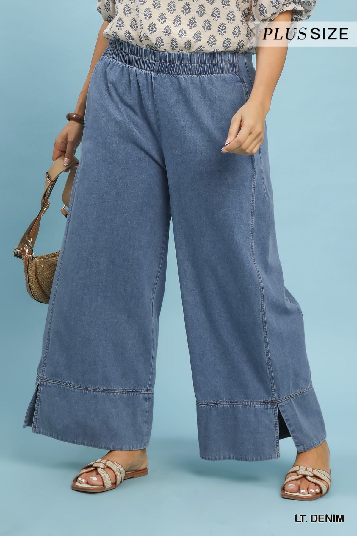 PLUS Stone Wash Denim Wide Leg Pants