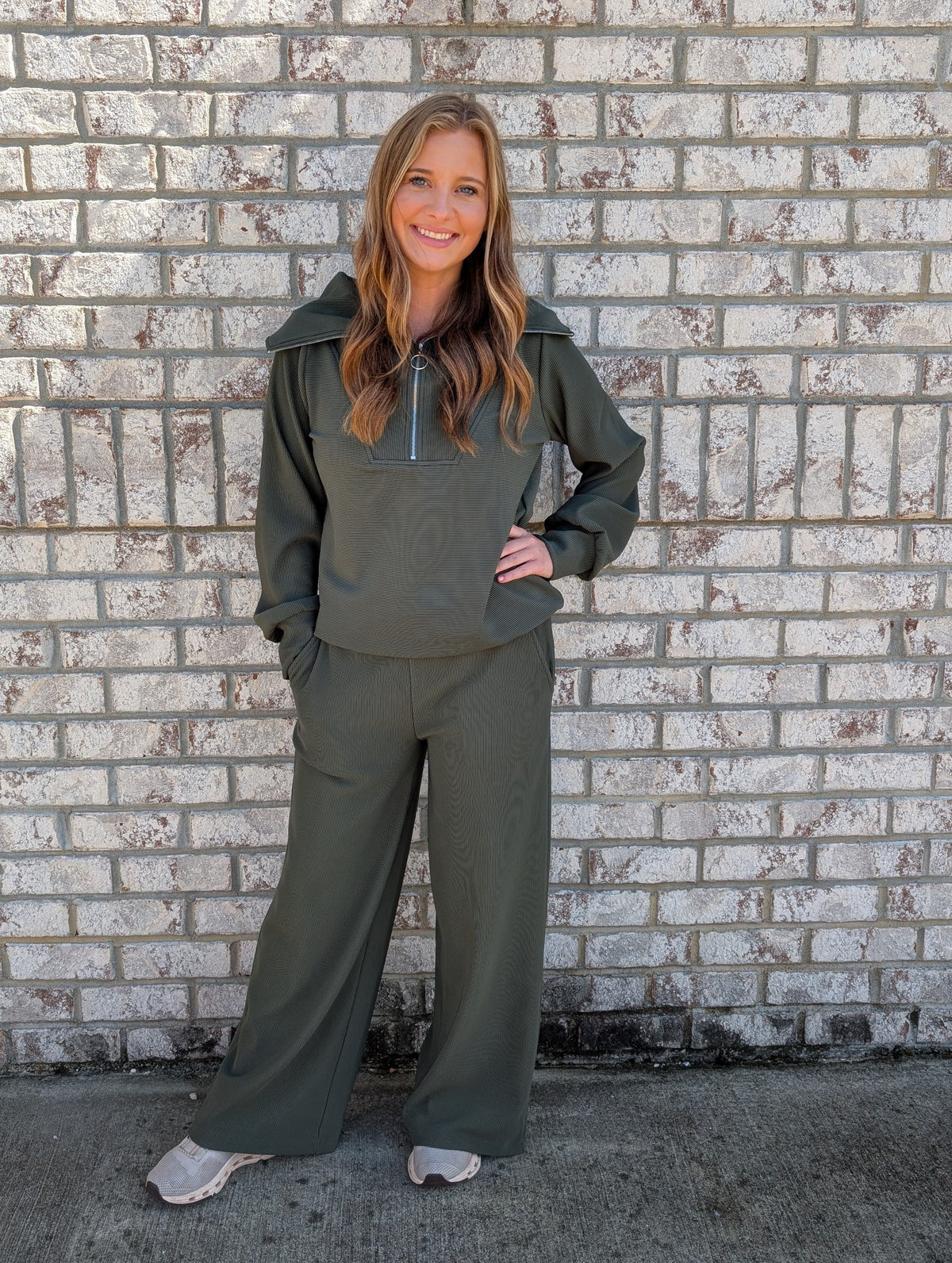 Ribbed high neck half zip pullover &amp; pant set