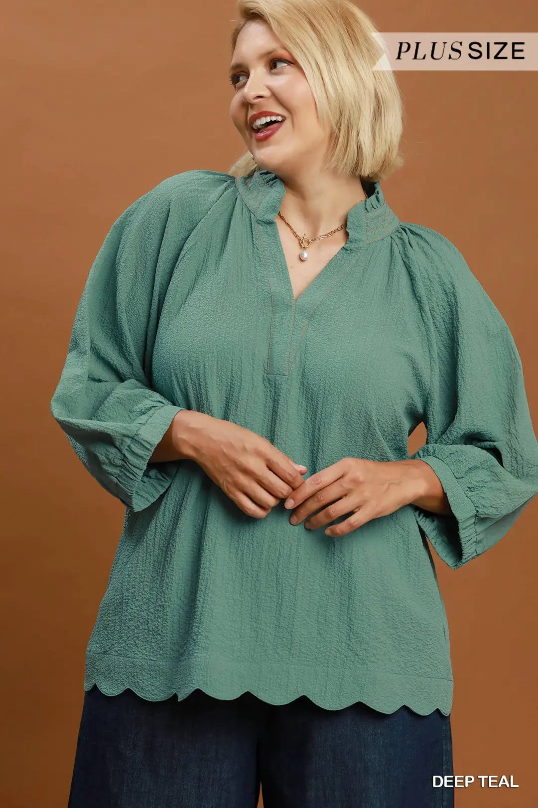 Scallop Hem Balloon Sleeve Blouse
