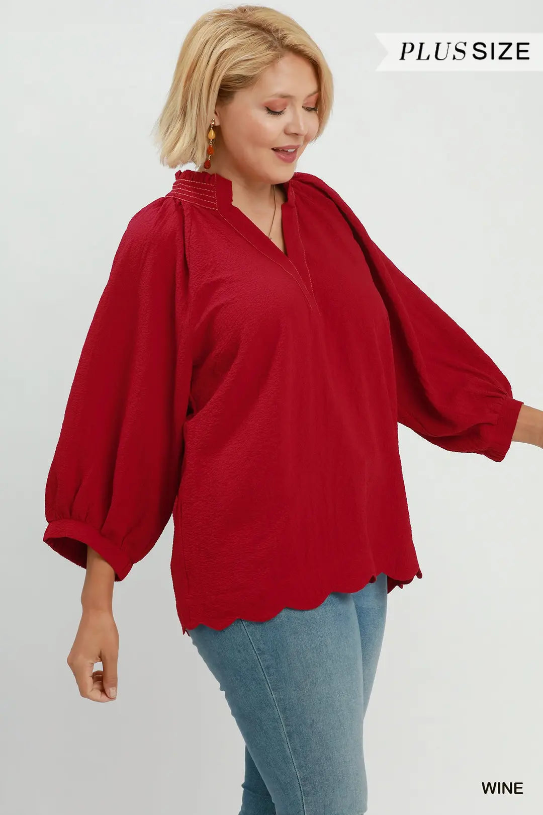 Scallop Hem Balloon Sleeve Blouse
