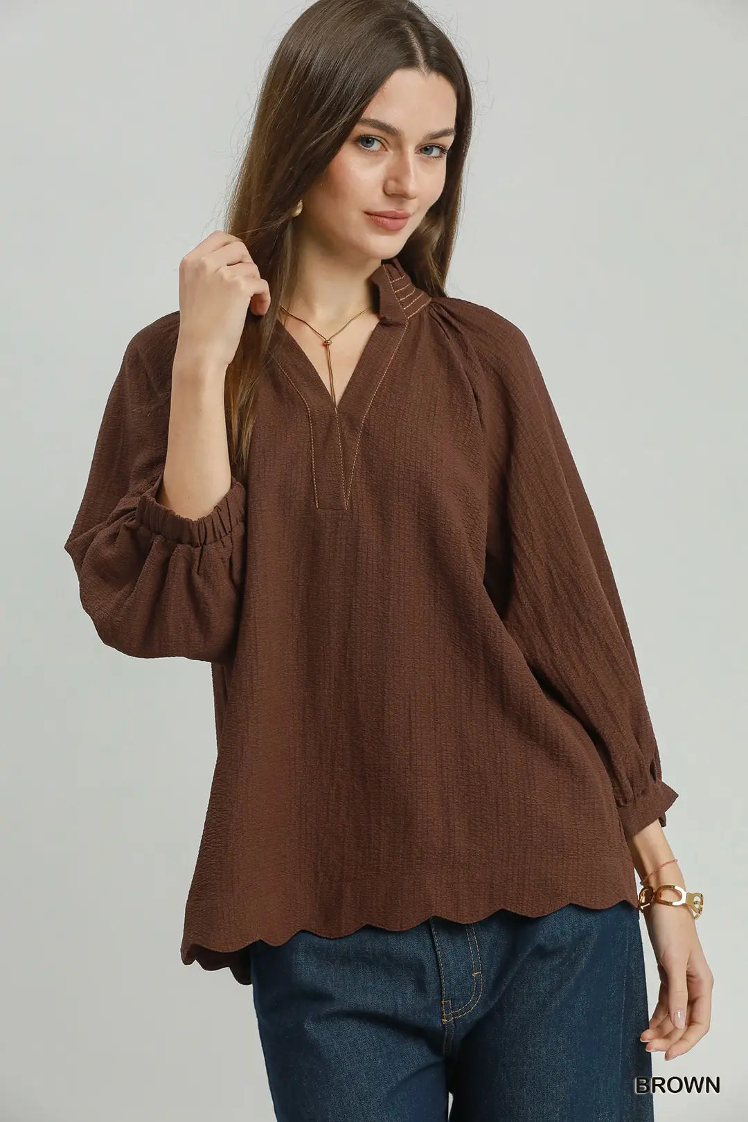 Scallop Hem Balloon Sleeve Blouse