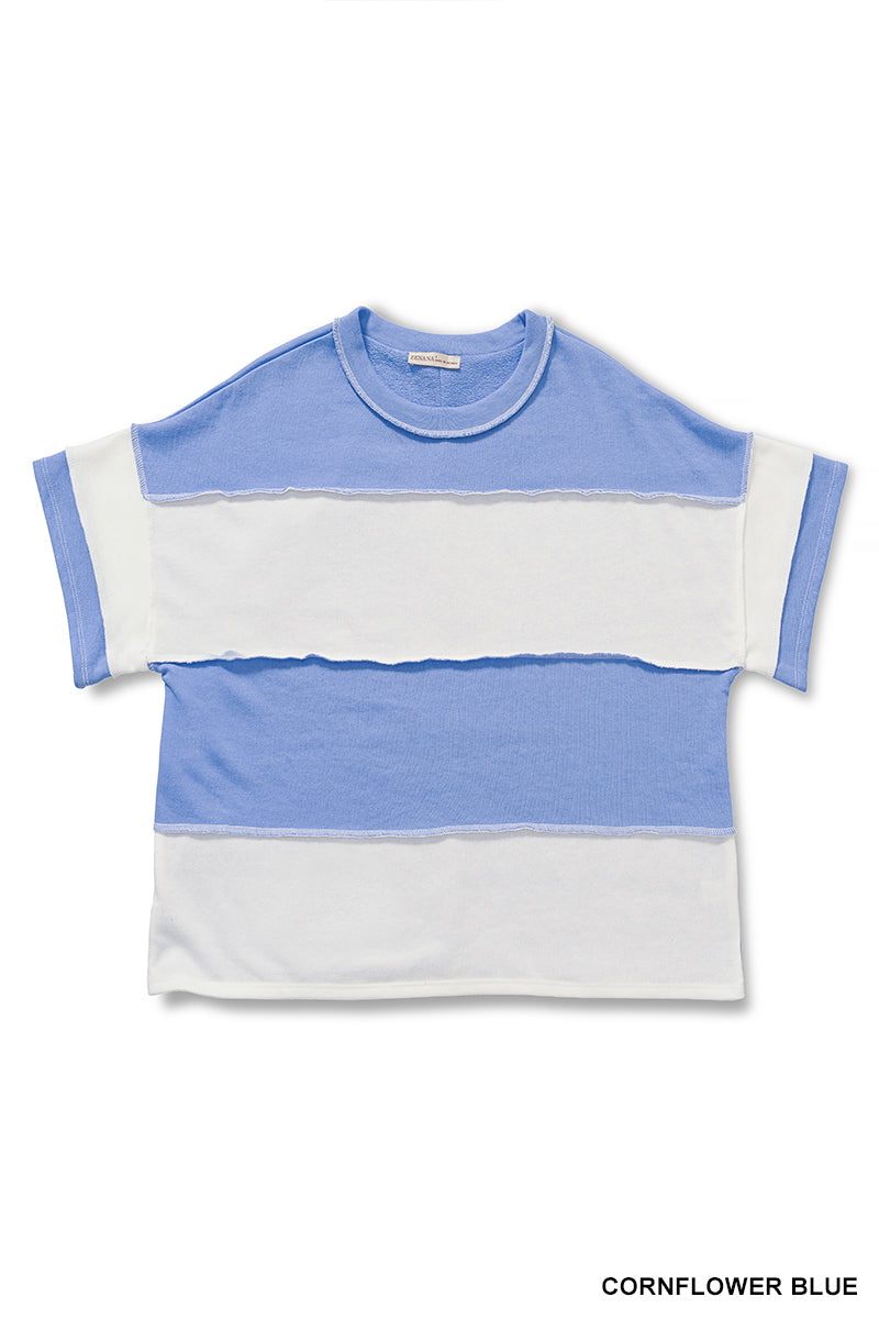 French terry color block exposed seam top