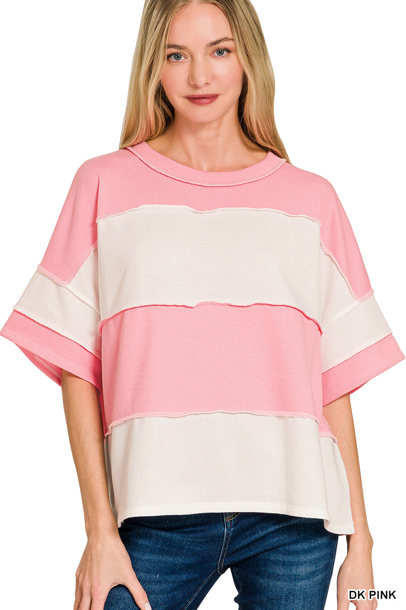 French terry color block exposed seam top