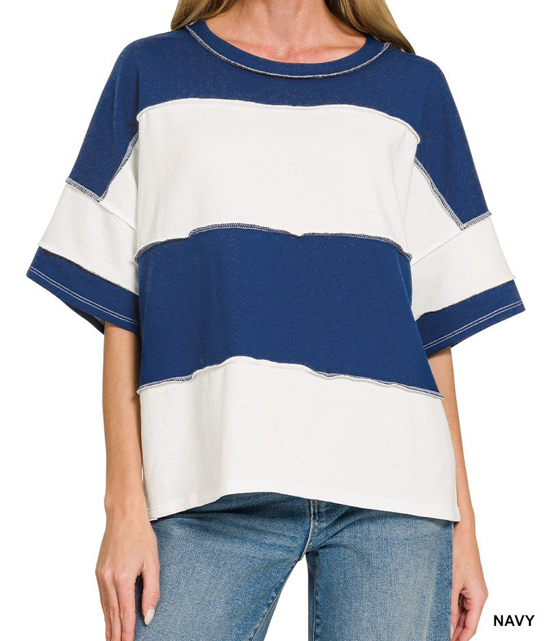 French terry color block exposed seam top