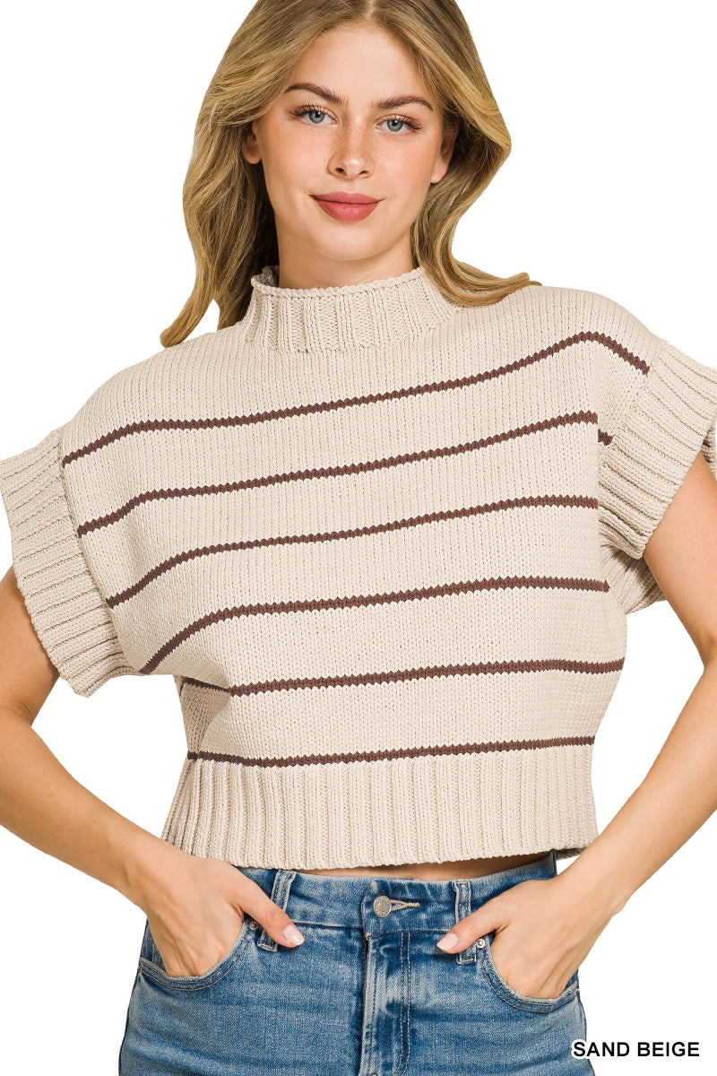 Striped cropped mock neck sweater