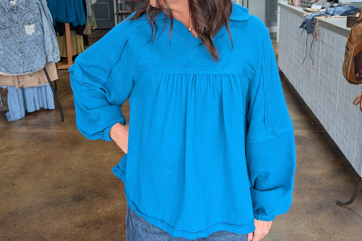 Teal Long Sleeve Gauze Top