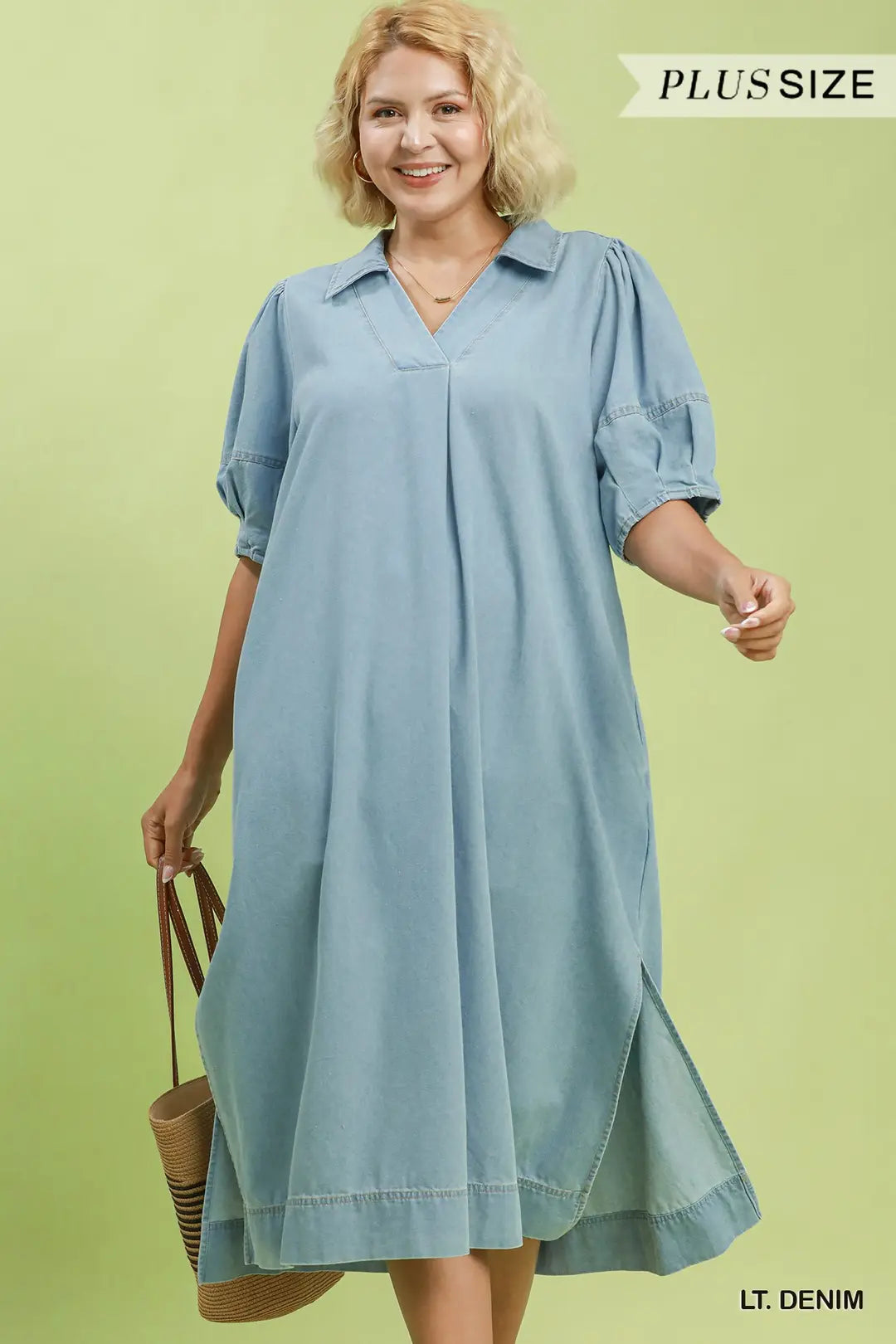 Chambray Collared Puff Sleeve Maxi Dress