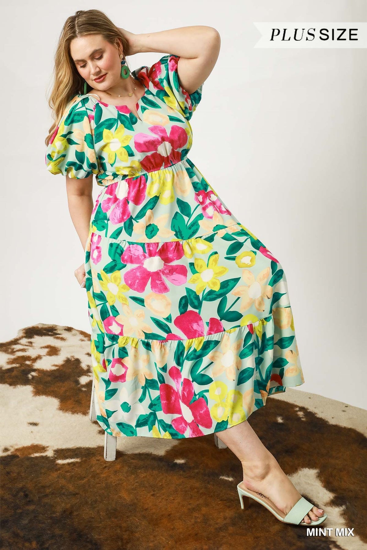 Bold Bloom Tiered Midi Dress in Plus