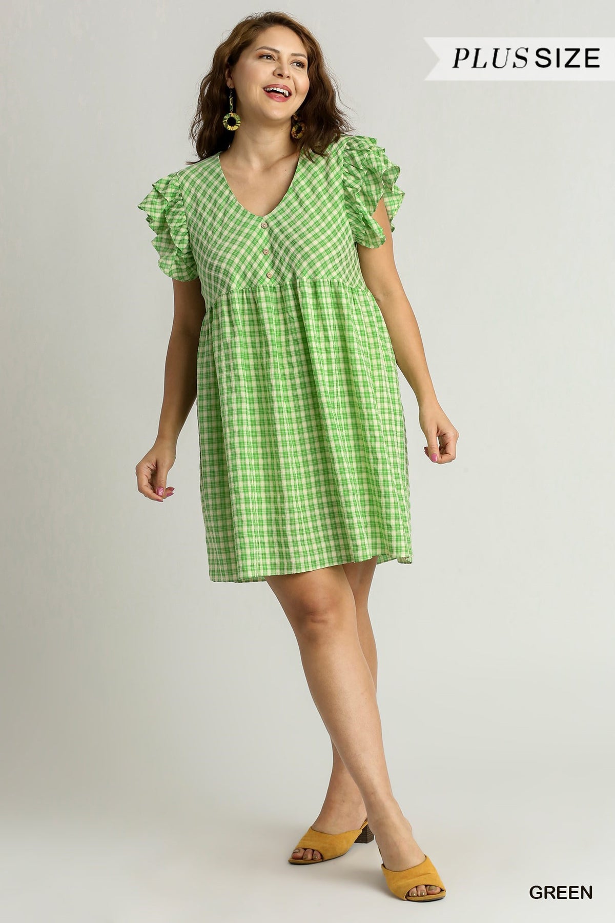 Checkered Ruffle Sleeve V-Neck A-Line Dress with Side Pockets Plus