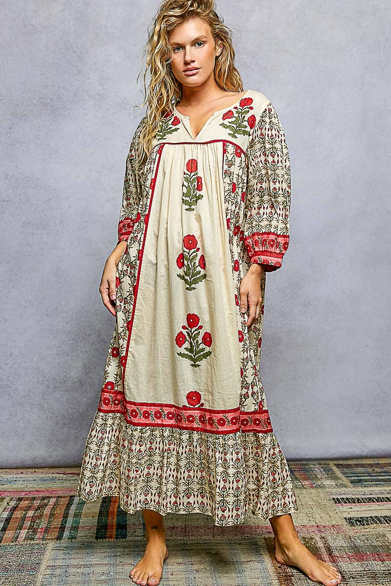 Floral Shirring 3/4 Sleeve Flowy Maxi Dress