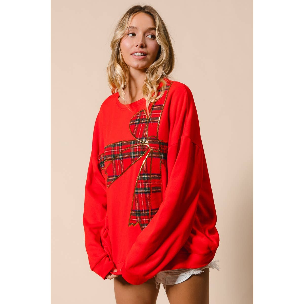 PLAID RIBBON BOW DETAIL PULLOVER