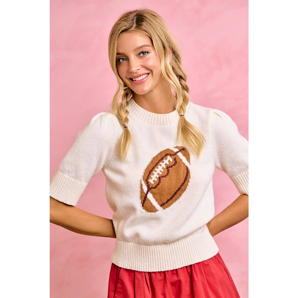 GAMEDAY THEME PUFF SLEEVES HALF SLEEVES KNIT TOP